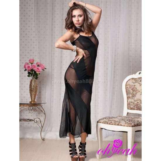 Black Lace Transparent Long Dress 