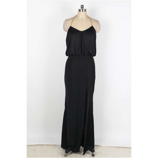 Black Gold Chain Halter Maxi Dress with T Back