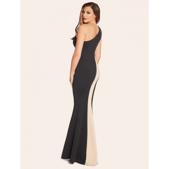 Black And Nude One Shoulder Maxi Dress