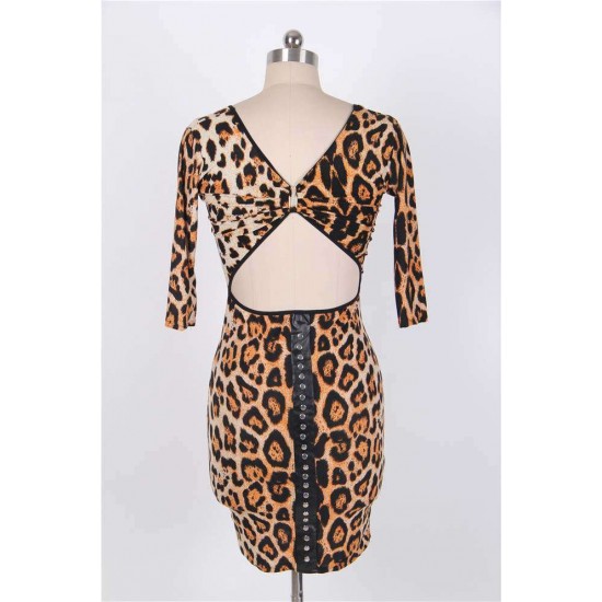 Sexy Backless Half Sleeve Leopard Bodycon Dress