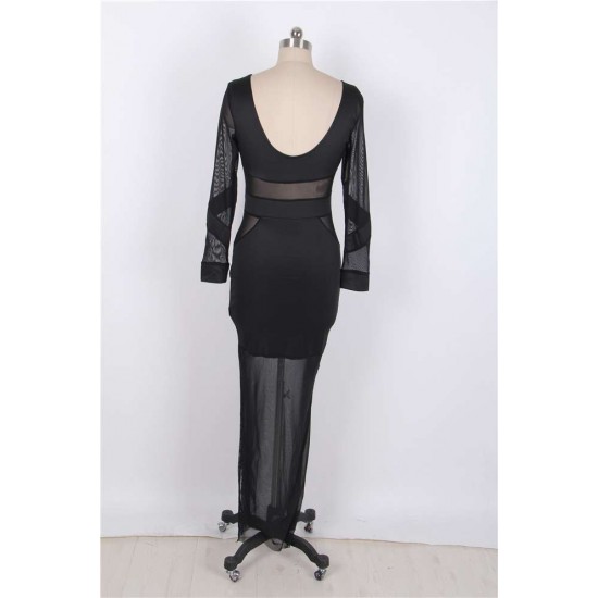 Black Mesh Panelled High Thigh Split Maxi Dress