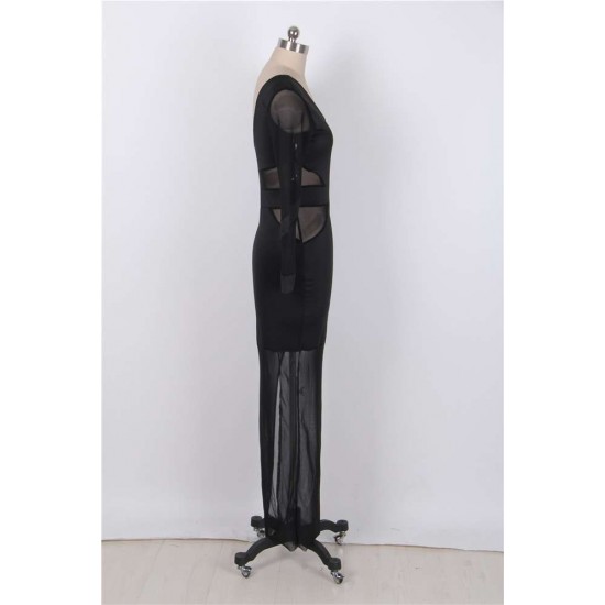 Black Mesh Panelled High Thigh Split Maxi Dress