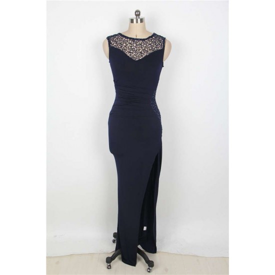 Plus Size Elegant Purplish Blue Side Lace Detail Maxi Dress