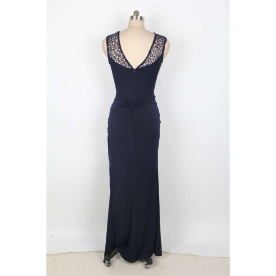 Plus Size Elegant Purplish Blue Side Lace Detail Maxi Dress