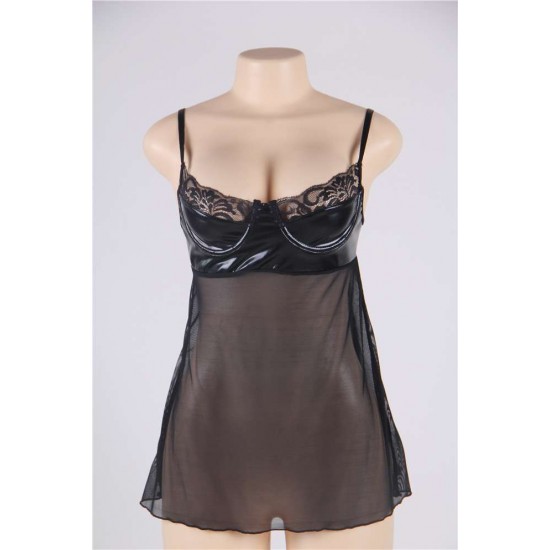 Black Plus Size Transparent Babydoll With Leather Bra  