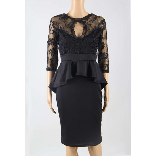 Plus Size Three Quarters Sleeve Embroidery Black Peplum Dress