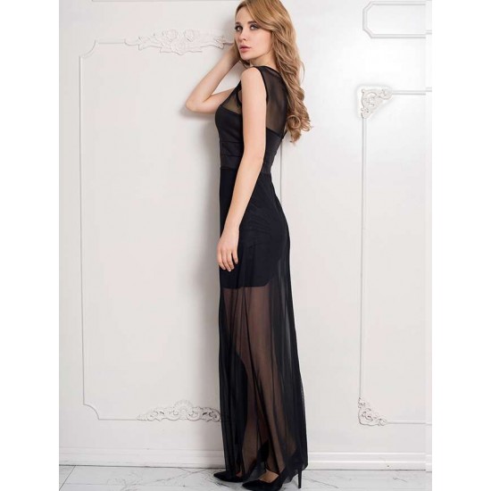 Black Sleeveless Short Dress with Floor Length Sheer Overlay