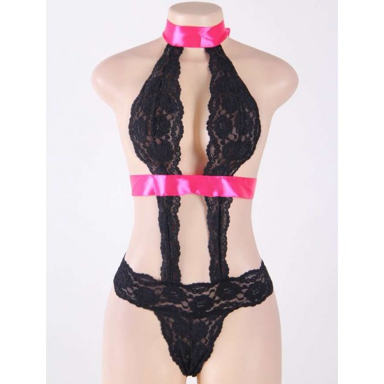 Scalloped Lace Halter Teddy With Pink Satin Ribbon