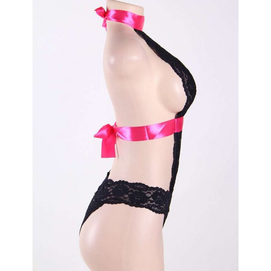 Scalloped Lace Halter Teddy With Pink Satin Ribbon