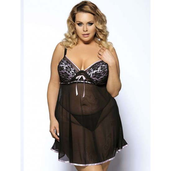 Black Sheer Lace Plus Size Babydoll With Pink Ribbon