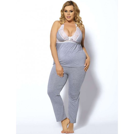 Grey Plus Size Lingerie With Halter Top & Lace Trim