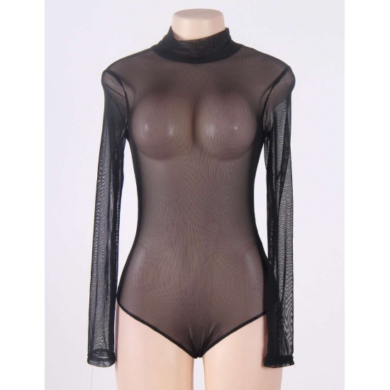 Black Sheer Mesh Long Sleeve Bodysuit