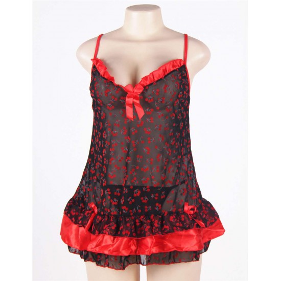 Plus Size Floral Lingerie Dress With Red Layer