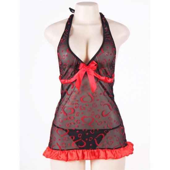 Plus Size Red Heart Print Halter Babydoll