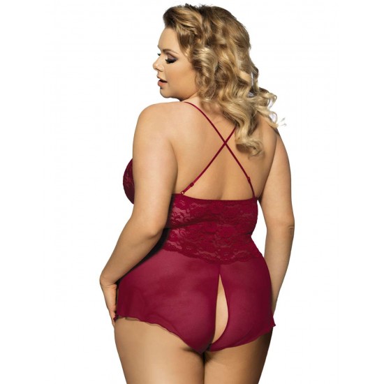 Wine Red Halter Lace Plus Size Teddy Lingerie