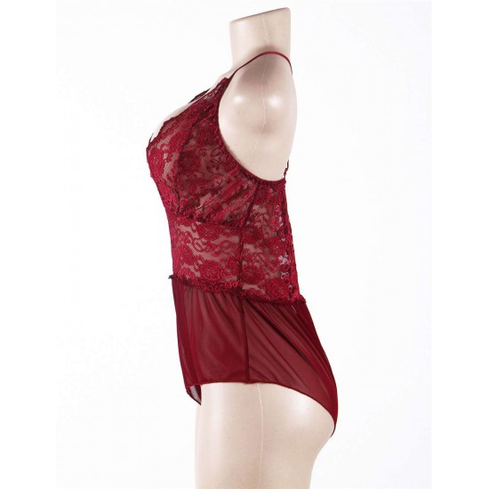 Wine Red Halter Lace Plus Size Teddy Lingerie