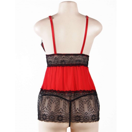 V-Neck Floral Lace Dark Red Plus Size  Babydoll