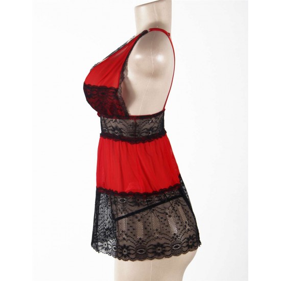 V-Neck Floral Lace Dark Red Plus Size  Babydoll