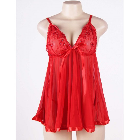 Bright Red Queen Size Floral Bra Babydoll