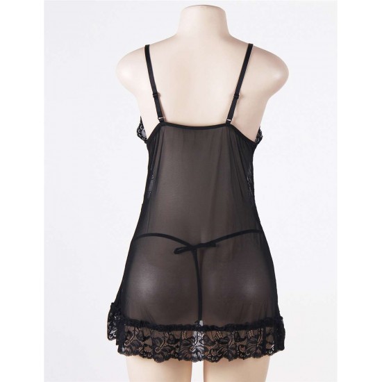 Black Transparent Embroidered Lace Plus Size Babydoll