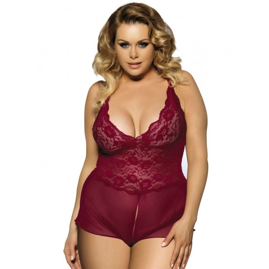 Wine Red Halter Lace Plus Size Teddy Lingerie