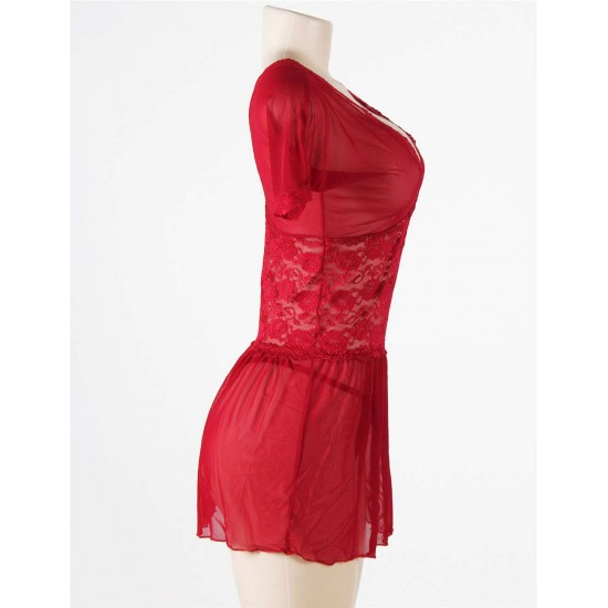 Red Plus Size V Neck Mesh Scalloped Lace Babydoll With Short Sleeve