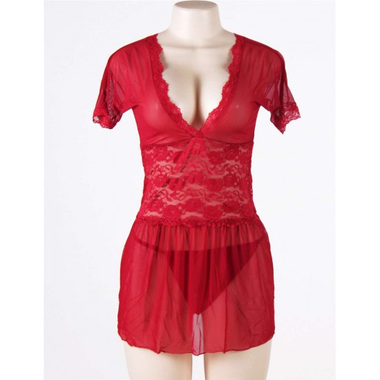 Red Plus Size V Neck Mesh Scalloped Lace Babydoll With Short Sleeve