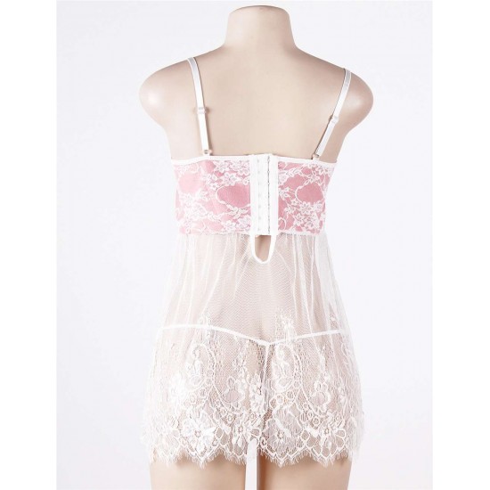 Pink Plus Size Bustier Top Babydoll With Sheer Bodice