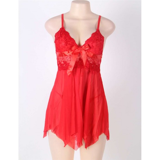 Red Sexy Draping Mesh and Lace Babydoll Set