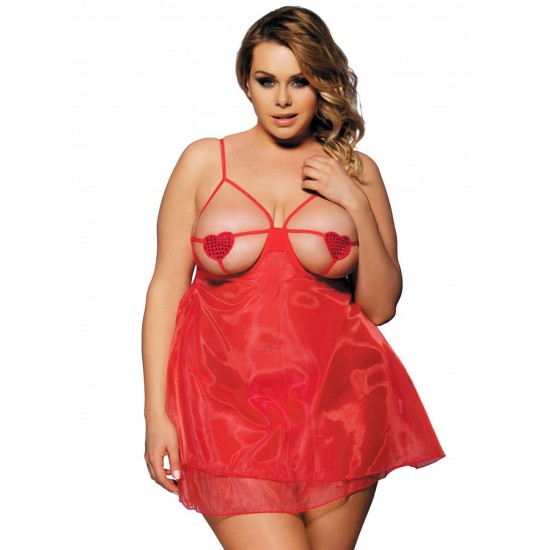 Red Open Cup Plus Size Babydoll With Adjustable Strap