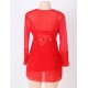 Long Sleeve Red Lace Trim Robe With Thong