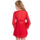 Long Sleeve Red Lace Trim Robe With Thong