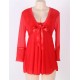 Long Sleeve Red Lace Trim Robe With Thong