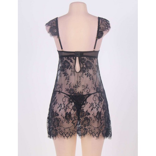 Black Sheer Floral Lace Babydoll Set