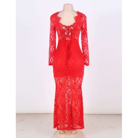 Beaming Red Lace Long Sleeve Croch Dress