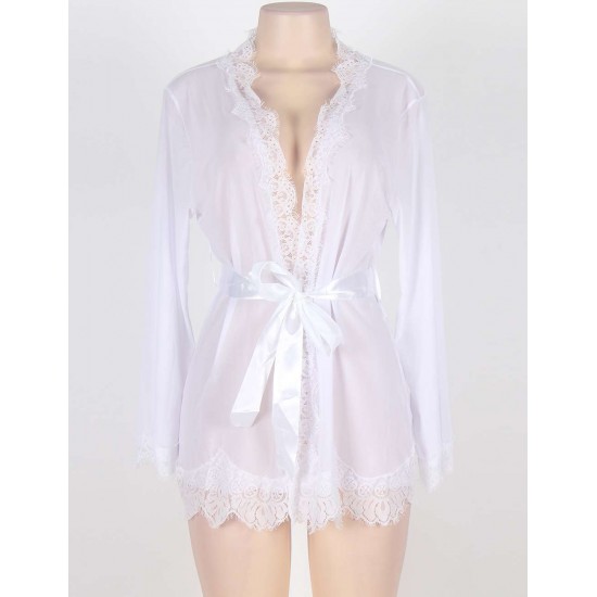 Sexy White Lace Trim Robe With Thong