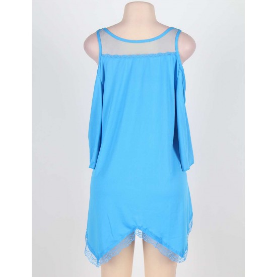 Blue Plus Size Hollow Shoulder Nightdress