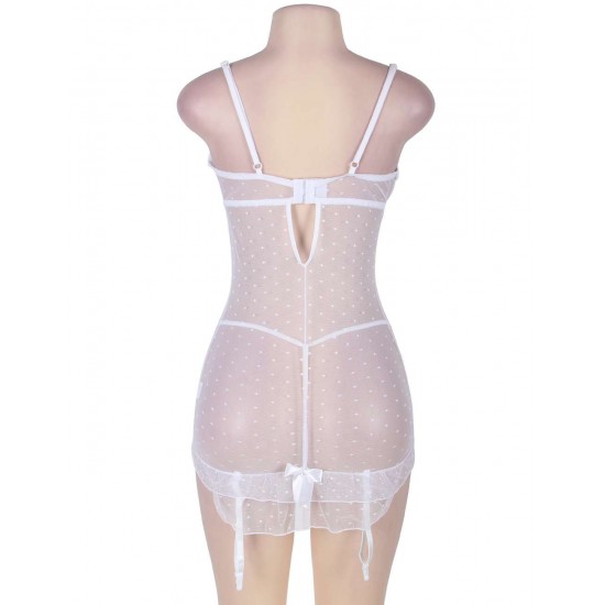 Stretch Lace and Dot Mesh White Garter Slip Set