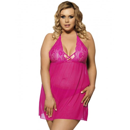 Plus Size Rosy Halter Stretch Mesh and Lace Babydoll