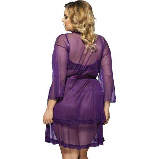 Purple Plus Size 3pc Transparent Lace Robe Lingerie