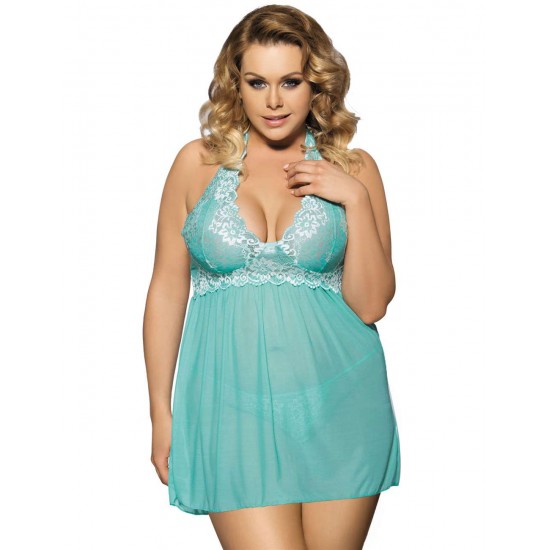 Plus Size Green Floral Halter Babydoll Lingerie Set