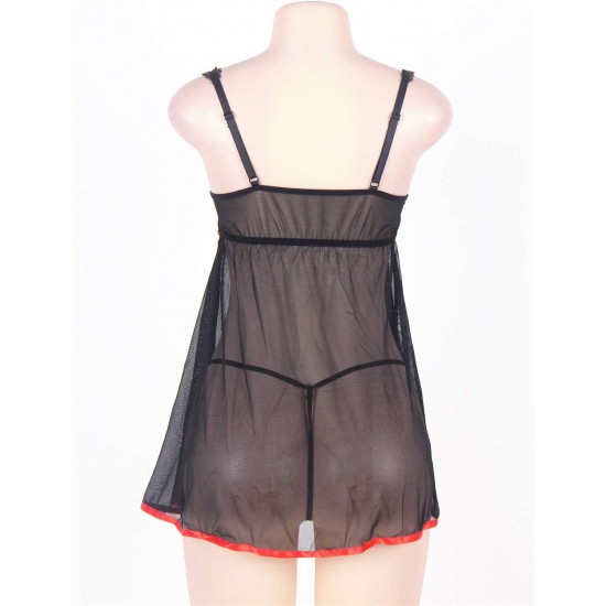 Black Plus Size Transparent Babydoll With Red Ribbon