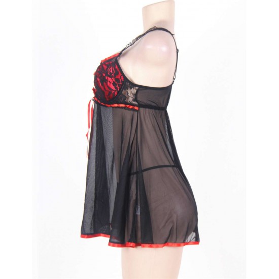 Black Plus Size Transparent Babydoll With Red Ribbon