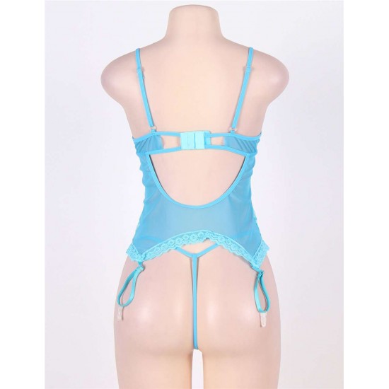 Plus Size Blue Lace Round Open Back Teddy