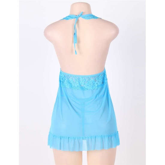 Blue Halter Plus Size Babydoll With G-String