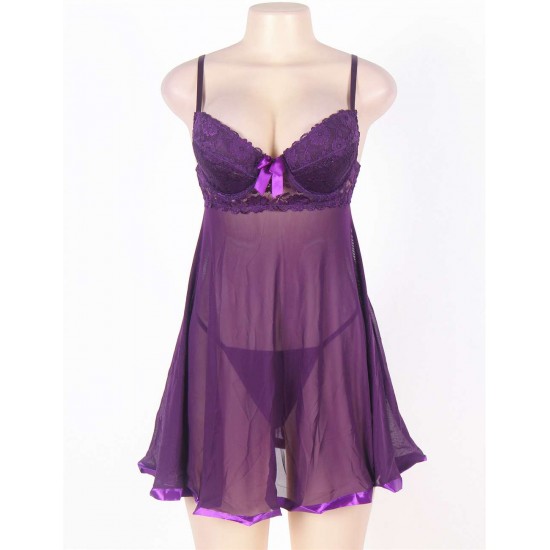 Purple Transparent Lace Top Plus Size Babydoll