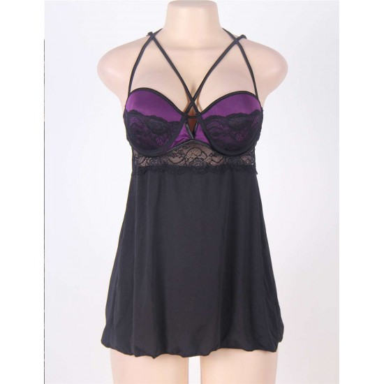 Plus Size Purple Lace Stitching Halter Babydoll