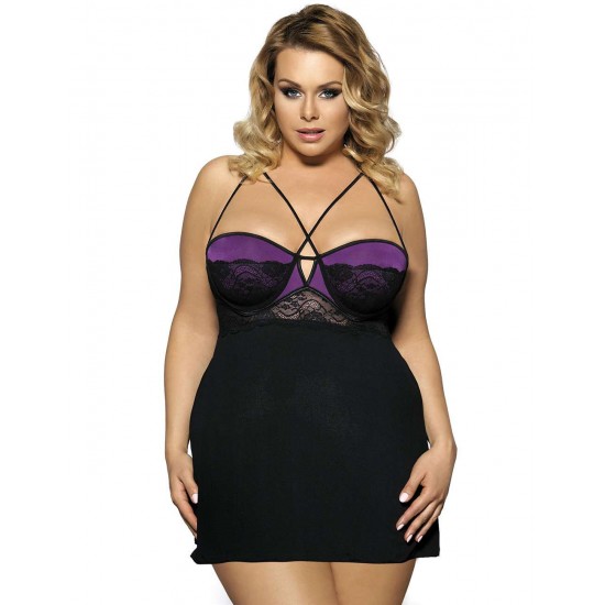 Plus Size Purple Lace Stitching Halter Babydoll