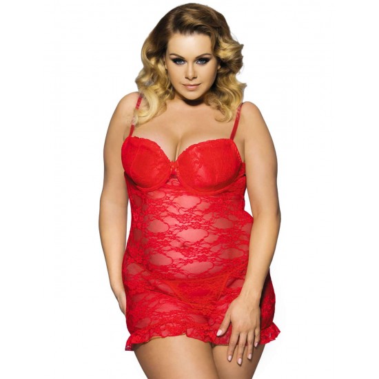 Red Plus Size Floral Lace And Mesh Lingerie