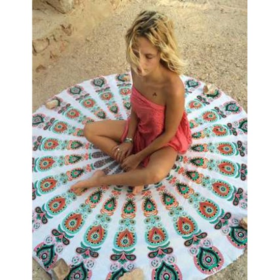 Peacock Print White Boho Beach Blanket